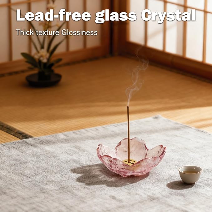 Incense Burner, Incense Holder for Backflow and Sticks Handmade Glass Cherry Blossom Incense Stick Holder with 9 Incense Holes Incense Burner Ash Catcher,for Meditation,Home Decor (NO with Gilt-Edged)