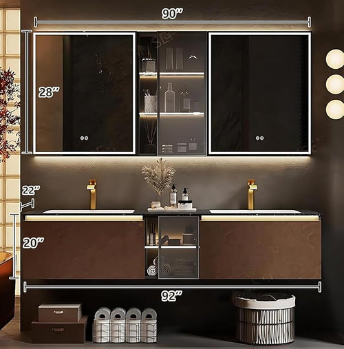 92" Double Bathroom Sink Vanity, Modern Bathroom Vanity Includes LED Smart Defogging Mirror Cabinet & Semi-Open Storage & Ceramic Basin, Floating Bathroom Cabinet with Sensor Light (Dark Brown)