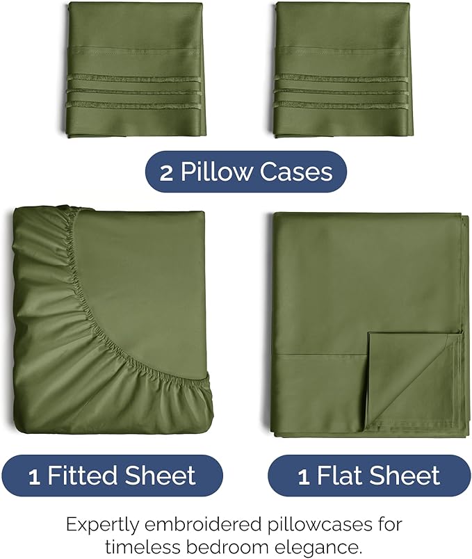 Queen Size 4 Piece Sheet Set - Extra Soft, Breathable & Cooling Sheets - Hotel Luxury Durable Bed Sheets for Women & Men - Deep Pockets, Easy-Fit & Wrinkle-Free Sheets - Deep Olive Oeko-Tex Bed Sheets