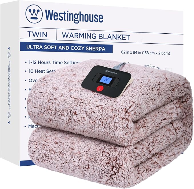 Westinghouse Electric Blanket Twin Size, Soft Plush Sherpa Heated Blanket with 10 Heating Levels & 1-12 Hours Auto-Off, Machine Washable, 62x84 inches, Rust