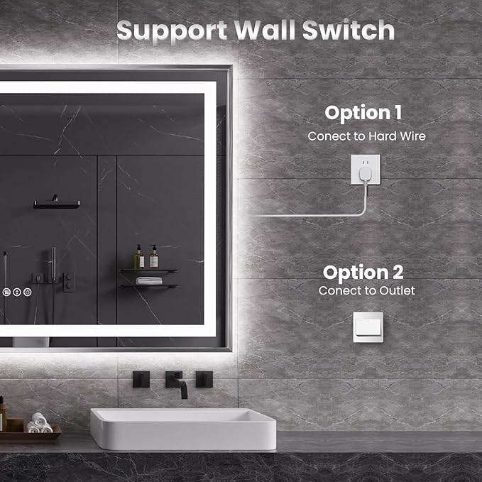 Amorho 36"x 30" LED Bathroom Mirror, Brushed Nickel Framed Mirror with Front Light and Backlit, Stepless Dimmable, Anti-Fog, Shatter-Proof, Memory, 3 Colors