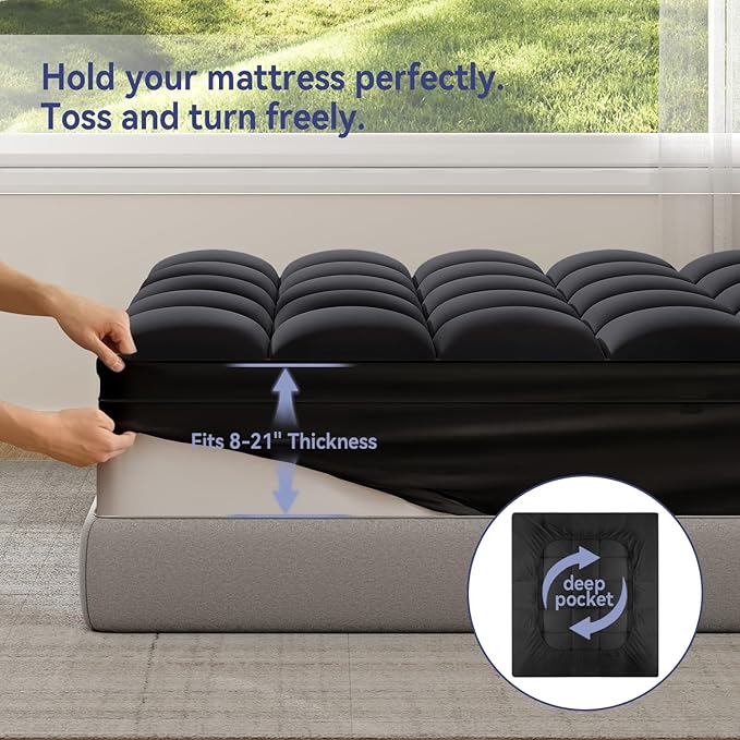 ELEMUSE Full Black Mattress Topper for Back Pain, Extra Thick Mattress Pad Cover, Plush Soft Pillowtop with Elastic Deep Pocket, Overfilled Down Alternative Filling