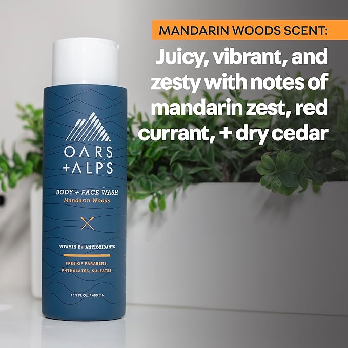 Oars + Alps Mens Moisturizing Body and Face Wash, Skin Care Infused with Vitamin E and Antioxidants, Sulfate Free, Mandarin Woods, 13.5oz, 2 Pack