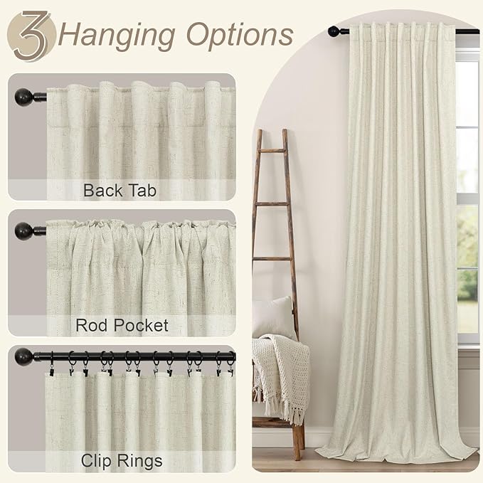 102 Inch Long Curtains for Bedroom Living Room Darkening Blackout Thermal Thick Linen Textured Luxury Curtain Drape for Sliding Glass Patio Door Set of 2 Panel 102 In Length Back Tab Ivory Cream Beige