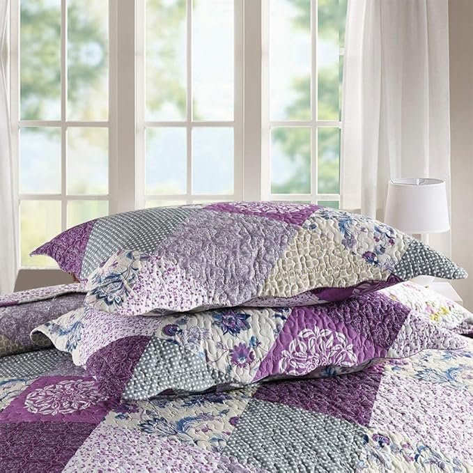 ENJOHOS Purple Patchwork Quilt Queen Size, 3Pc Floral Plaid Queen Bedspread Coverlet Set for All Seasons, Soft Reversible Microfiber Lightweight Bed Cover