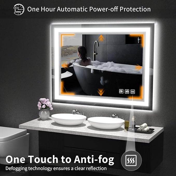 LED Mirror for Bathroom, 48x36 Inch Backlit + Front Lighted Bathroom Vanity Mirror with Lights for Wall, Double Light Strips, 3 Colors, Shatter-Proof, Anti-Fog and Brightness Memory