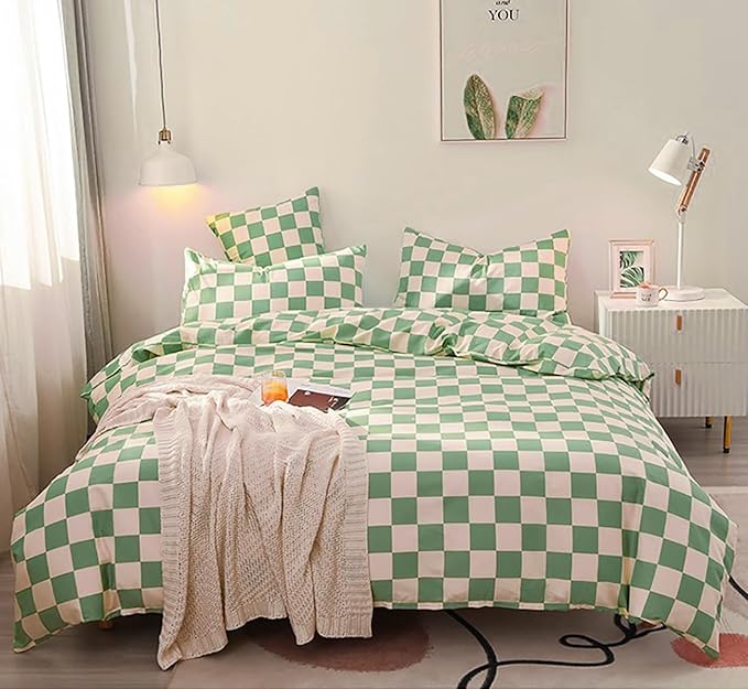 KAREVER Green White Grid Comforter Set King Sage Green Plaid Bedding Set Women Light Green White Checkered Bed Set Breathable Blanket Set Men Durable Bedding Comforter Set