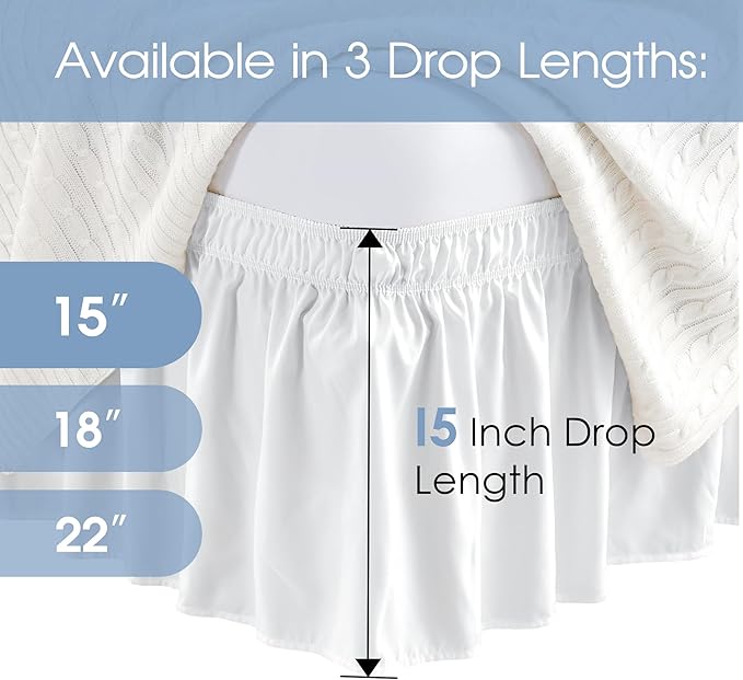 FreshCulture Twin Bed Skirt, Elastic Wrap Around Bed Skirt Twin Bed, Easy Fit with 15-Inch Tailored Drop, Hotel Quality Bed Skirts for Adjustable Bed (White)