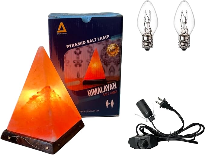 Apex Global Himalayan Pink Salt Lamp Pyramid Individually Hand Crafted, (8 inches, 7 lbs.) Amber Glow, Certified Wire with Dimmer Switch and Extra Bulb Unique Gift Idea