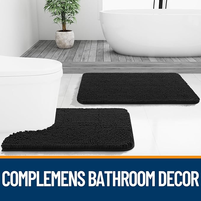 OLANLY Bathroom Rugs 44x32, Extra Soft Absorbent Chenille Bath Rugs, Rubber Backing Quick Dry, Machine Washable Bath Mats for Bathroom Floor, Tub and Shower, Home Decor Accessories, Black