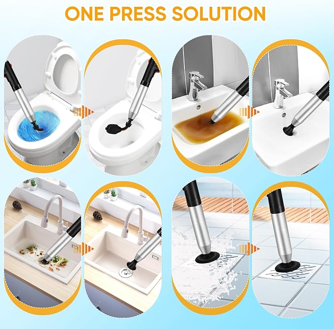 Electric Toilet Plunger, Drain Unclogger Plungers High Pressure Air Drain Blaster with Drain Auger, Splash-free Plungers for Bathroom, Plumbing Snake for Toilet, Clog Remover Heavy Duty(Black)