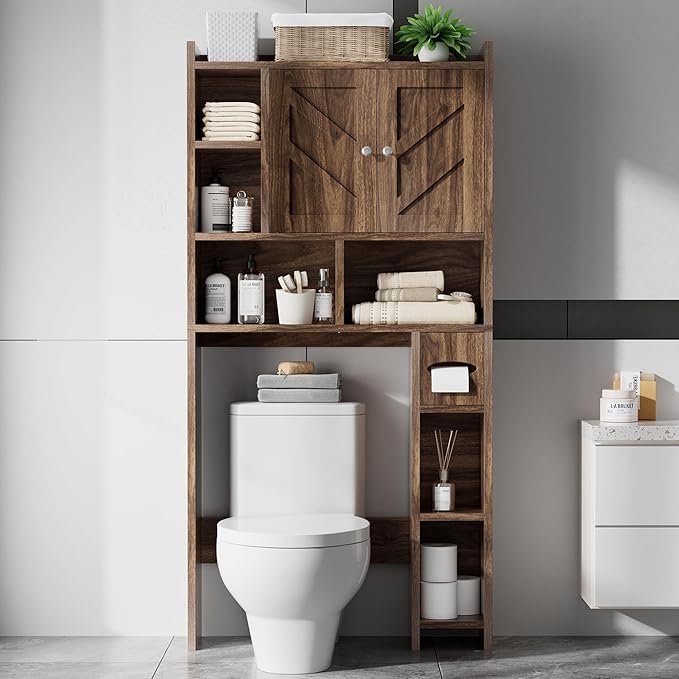Meilocar Over The Toilet Storage Cabinet, Bathroom Over Toilet Storage Cabinet, Bathroom Storages Organizer Cabinets with Toilet Paper Holder and Adjustable Shelf, Walnut