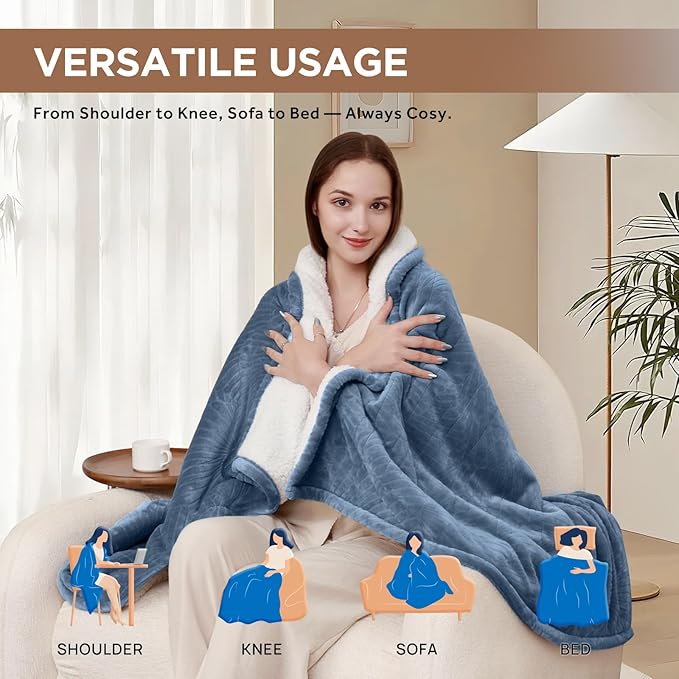 Westinghouse Heated Throw Blanket, Flower Jacquard Electric Blanket Throw with 6 Heating Levels and 2-10 Hours Auto-Off, Flannel to Sherpa Super Cozy Heated Blanket, Machine Washable (50" x 60" Blue)