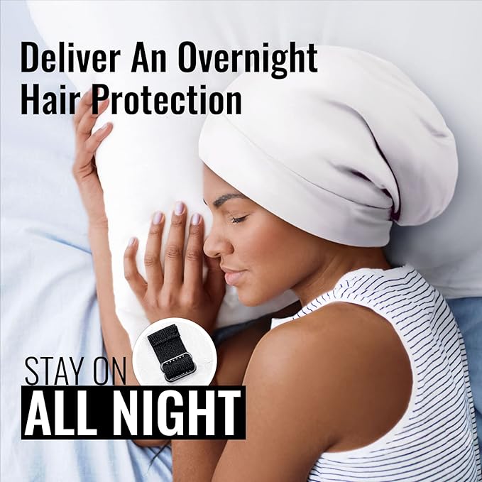 Satin Lined Sleep Cap Bonnet for Curly Hair and Braids, Stay On All Night Hair Wrap with Adjustable Strap for Women and Men, White, Pack of 1
