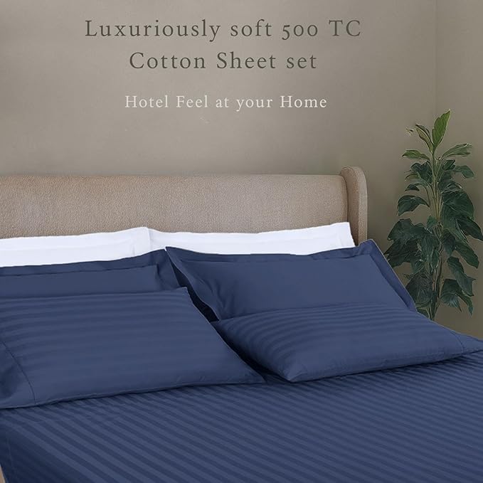 Threadmill 500 Thread Count Full-Size Damask Stripe, 4 Pc Luxury Cotton Sheet Set, Silky Smooth Folkstone Blue Sheets with 16" Elasticized Deep Pocket, 2 Pillowcases & Free Tote Bag