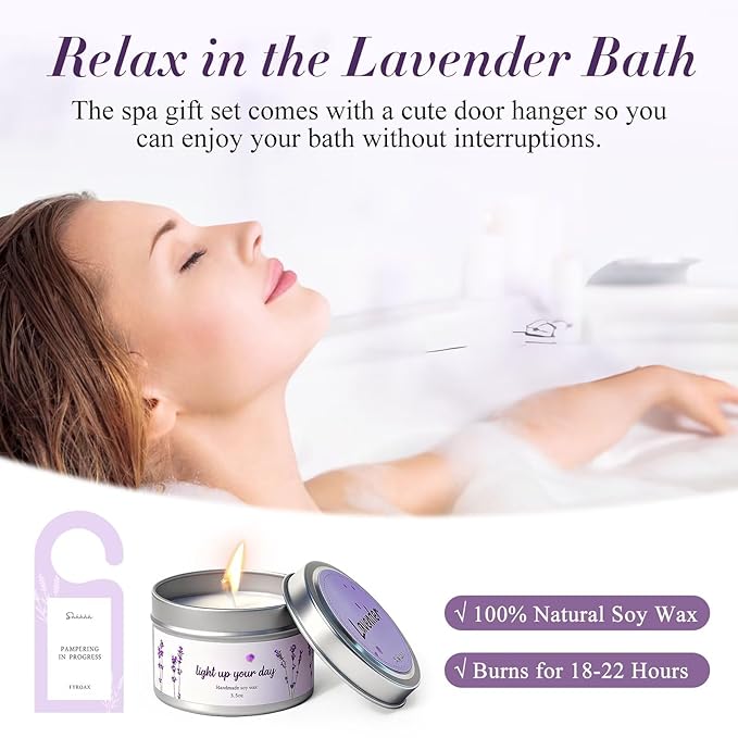 Spa Gifts for Women 7 Pcs Home Spa Kit Lavender Bath Set,Spa Gift Baskets Self Care Gifts Spa Gifts for Women Birthday,Mothers Day Basket Easter Christmas Bath Set