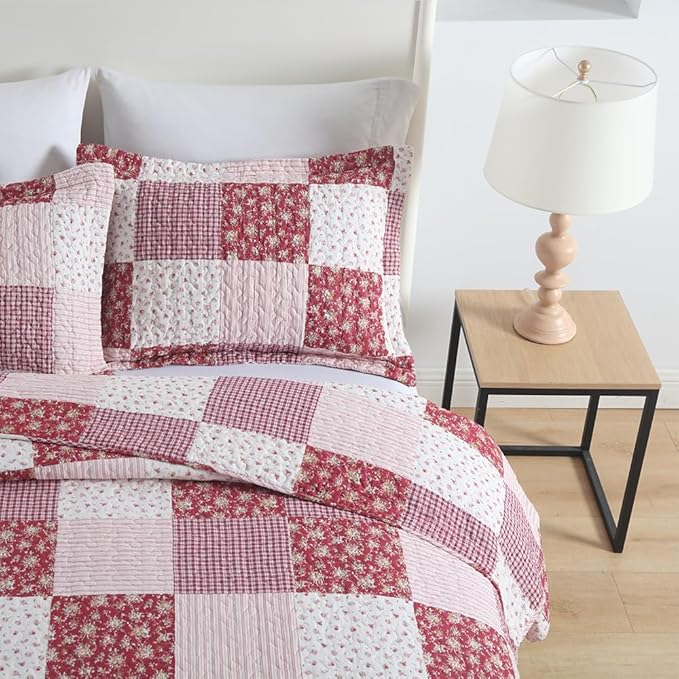 ENASAL Cotton Bedspread Quilt Bedding Sets Reversible Coverlet Sets Comforters Plaid Floral Red White Patchwork Pattern Bedspread for All Season, King Size