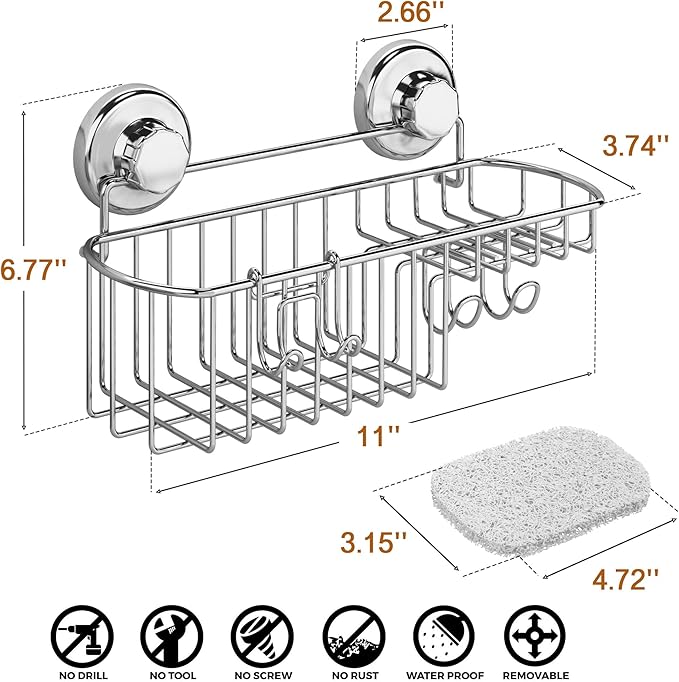 HASKO Suction Cup Shower Caddy Basket for Shampoo, Shower Suction Shelf Organizer, Basket with Soap Holder and Hooks, Stainless Steel Shampoo Holder for Bathroom Storage (Chrome)