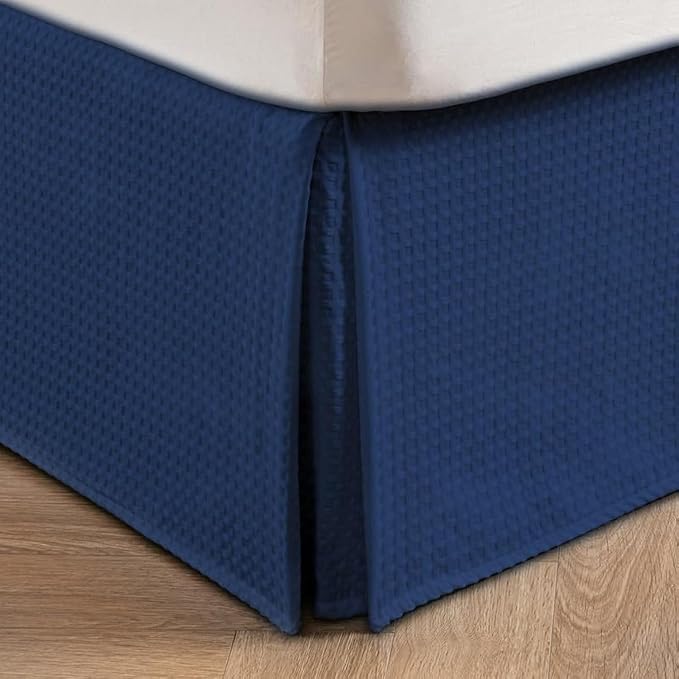 MIYE Pleated Waffle Weave Bed Skirt, Tailored Dust Ruffle 16 Inch Drop Easy Fit, Machine Washable (Navy Blue, Queen - 16" Drop)