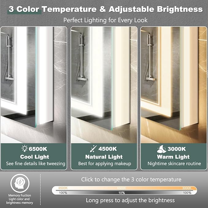 LED Bathroom Mirror with Lights: 36"x36" Wall Mounted Large Lighted Mirrors Fogless, Anti-Fog,Dimmable,Memory Function, Shatterproof Tempered Glass, Espejos para Baños, ETL Listed