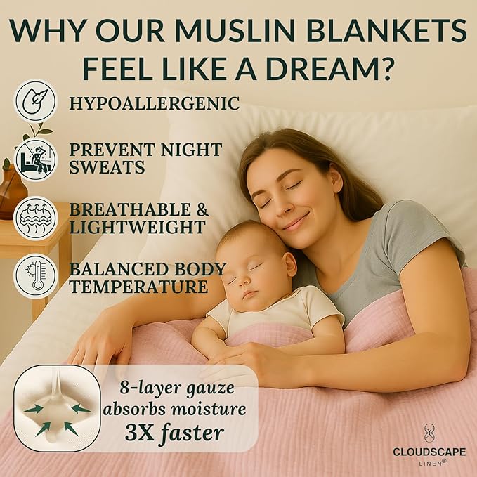 Cloud Scape Linen 8-Layer Muslin Blanket Queen Size - 100% Cotton, Soft and Breathable, Oversized Winter Blanket, Fits up to Full Size Bed, 92x92, Seashell Pink