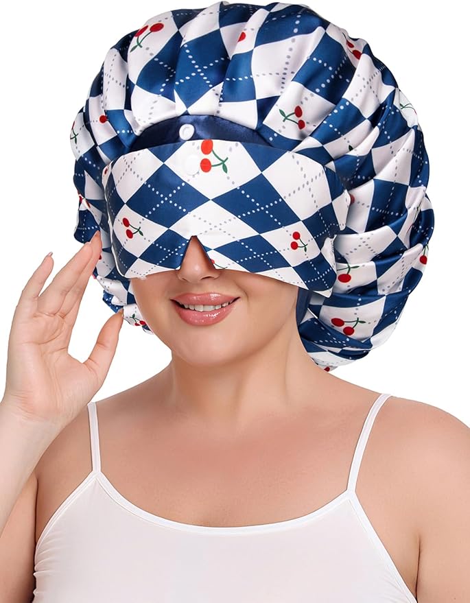 Pleated Silk Sleeping Bonnet with Eye Mask Double Layer Satin Hair Bonnets Sleep Cap for Curly Natural Hair