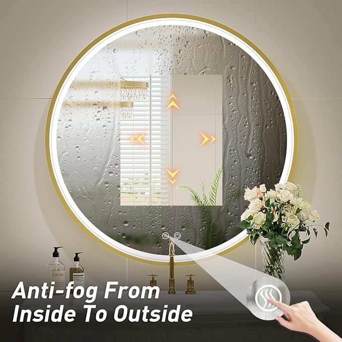 36" Round LED Bathroom Mirror, Dimmable Anti-Fog Vanity Mirror with Touch Control, 6000K Natural Light, Gold Metal Frame, Wall Mounted for Makeup Shaving (IP54, 90+ CRI)