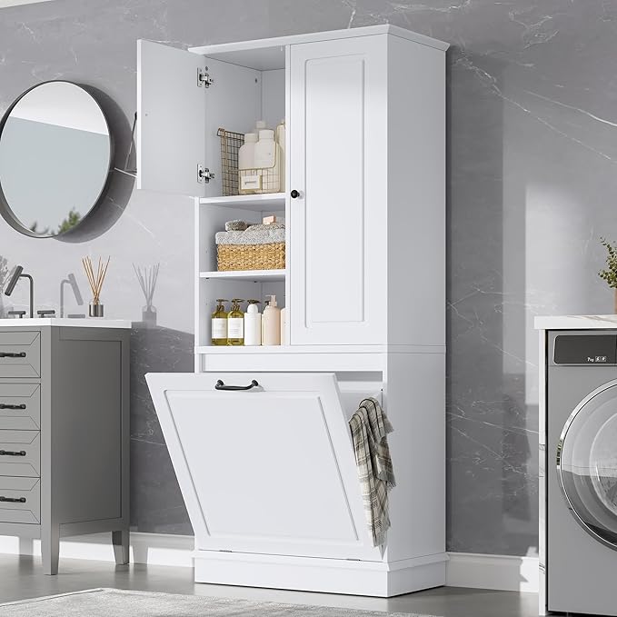 Tall Storage Cabinet with Adjustable Shelves & Flip-Out Basket, MDF Material with Aluminum Alloy Handles, Large Capacity for Bathroom, Kitchen, Living Room, Office Organizer, White