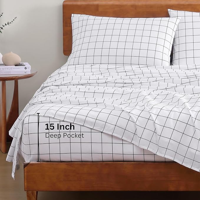 LANE LINEN 100% Organic Cotton Sheets RV Queen, 4-Piece Bed Sheets Short Queen Size Cotton, Luxury Sheets, Percale Weave,Breathable Bed Sheets RV Queen Size Deep Pockets Fits Upto 15" - Windowpane