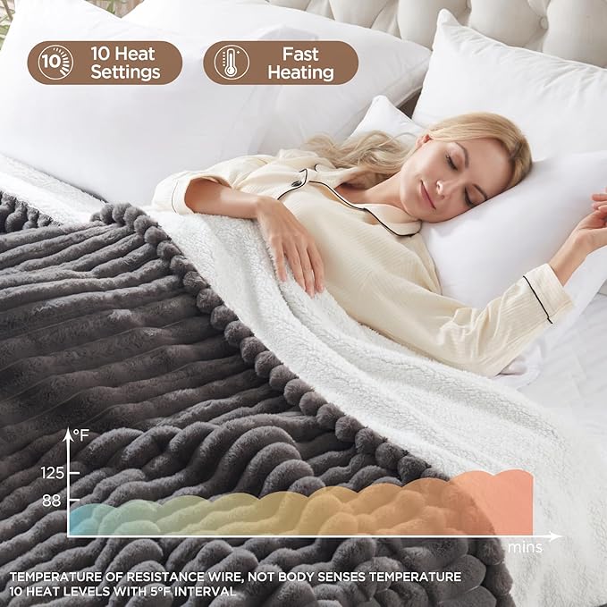 Westinghouse Queen Size Electric Heated Blanket, 10 Heat Levels, 1-12H Auto Off, Fast Heating, Machine Washable, 84x90in, Charcoal