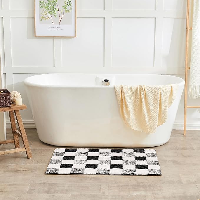 CozeCube Bath mats for Bathroom Non Slip, Fluffy Absorbent Microfiber Bath mat Washable, Aesthetic Bathroom Rugs, Cute Jet Black Checkered Bath mat, Jet Black, 32" x 20"