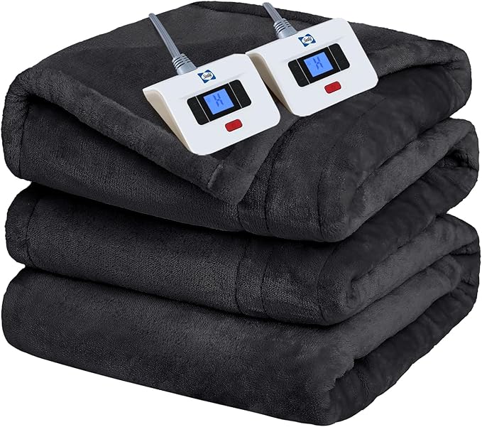 Sealy Heated Electric Blanket Queen Size, Flannel Electric Blanket with 10 Heating Levels & 1-12 Hours Auto Shut Off, Fast Heating Warming Blanket, Machine Washable, Grey, 84 x 90 Inch