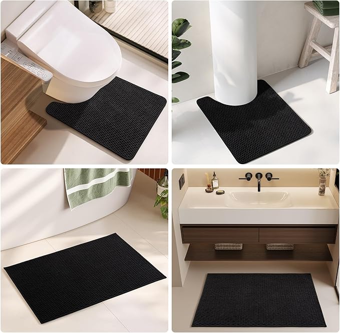 Black Bathroom Rugs Non Slip Washable, Super Absorbent Thin Bath Mat Quick Dry Low Pile Bathroom Rug, Black 24''x47''
