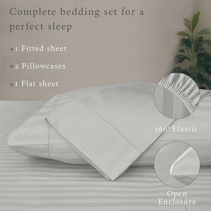 Threadmill 500 Thread Count Full-Size Damask Stripe, 4 Pc Luxury Cotton Sheet Set, Breathable Light Grey Sheets with 16" Elasticized Deep Pocket, 2 Pillowcases & Free Tote Bag