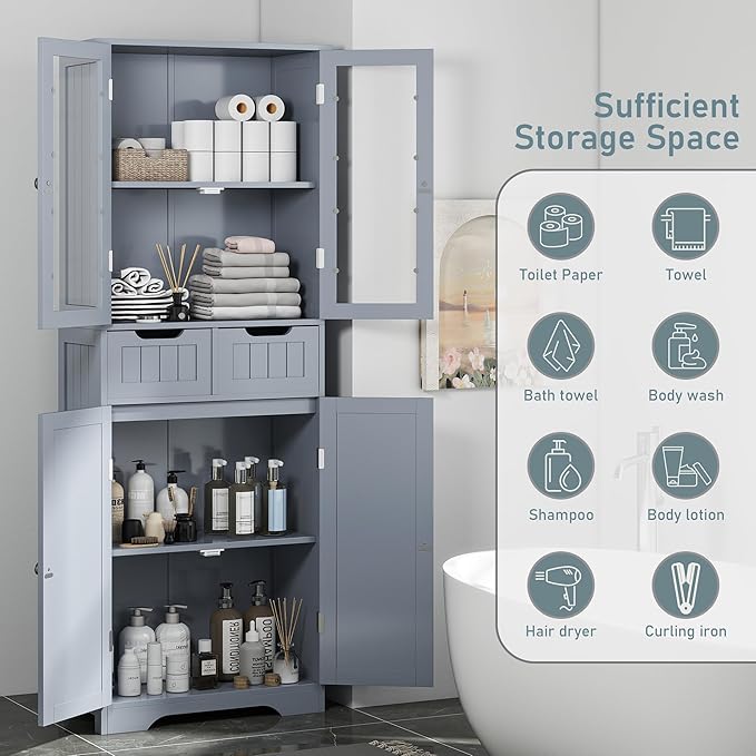 TOLEAD 67" Tall White Bathroom Cabinet Storage Cabinet, Freestanding Storage Cabinet with Glass Door and Adjustable Shelves, Bathroom Cabinet for Living Room, Kitchen, Dining, (Grey)
