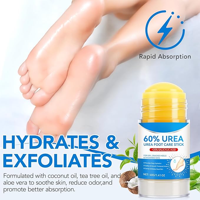 Urea Foot Care Stick, 2pcs 60% Urea with 2% Salicylic Acid Foot Cream Moisturizer for Dry Cracked Feet, Knees, Elbows, Hands, Moisturizes and Hydrates the Dry Skin, Callus Remover & Skin Softener