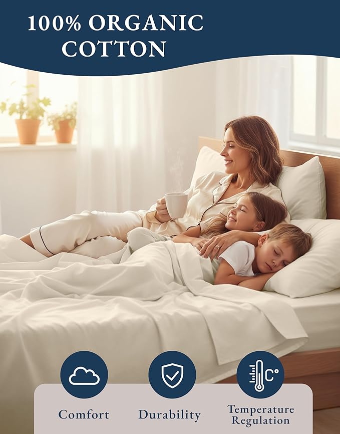 LANE LINEN 100% Organic Cotton Twin Bed Sheet Set, 3 Pc Twin Size Bed Sheets, Soft & Breathable Twin Sheet Set Boys, Hotel Style Bedding Sheets & Pillowcases, 15" Deep Fitted Sheet - Natural