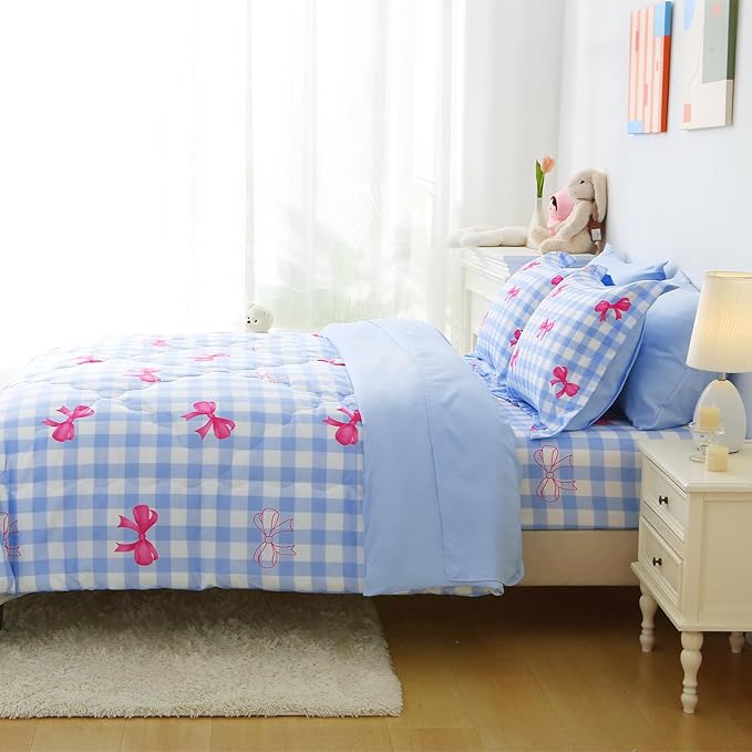 Wajade Bow Comforter Set 7 Piece Blue White Plaid Comforter Sets for Girls Kids Twin Size Checkered Bedding Set with Sheet and 2 Pillowcases 2 Pillow Shams Cute Girls Bed in a Bag as Birthday Choice
