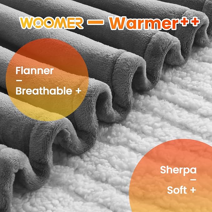 WOOMER Heated Blanket Queen Size,Durable Flannel and Soft Sherpa,Dual Control,84” × 90” Electric Blanket, 10 Heat Levels&0.5-12h auto-Off, Overheat Protection,Energy Efficient