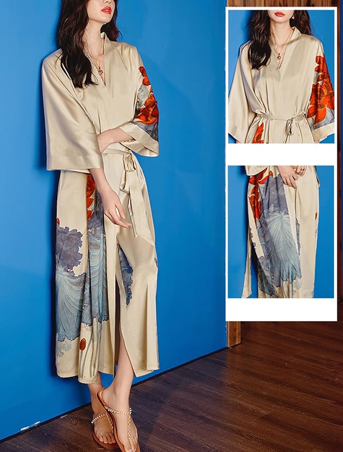 Silk Satin Robe for Women Long Japanese Kimono Robe Lightweight Soft Bathrobe Floral Luxury Dressing Gown