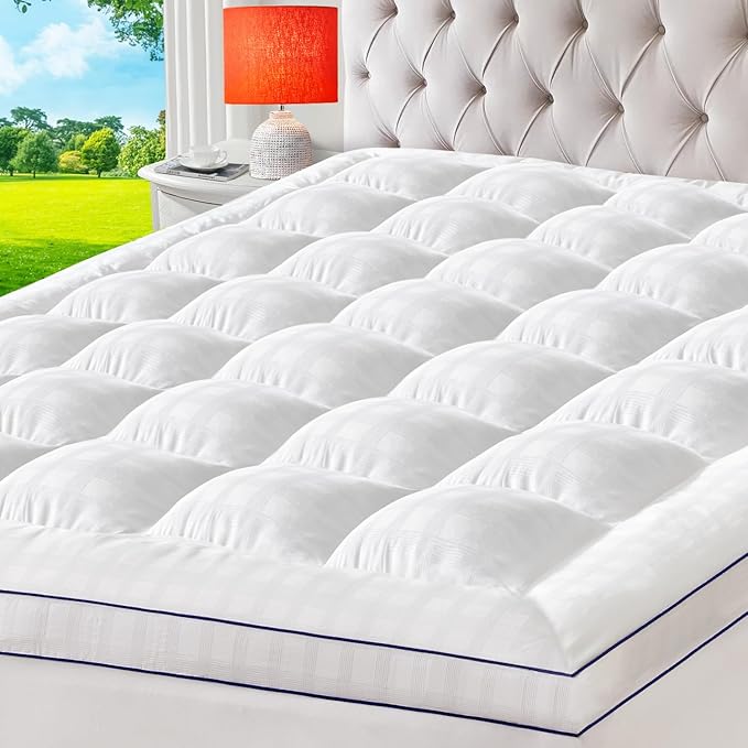ELEMUSE Full Cooling Mattress Topper, Extra Thick 1300gsm Mattress Pad for Back Pain Relief, Plush 500TC Cotton Pillow Top with Deep Pocket, Overfilled with Mixed Advansa Down Alternative Filling