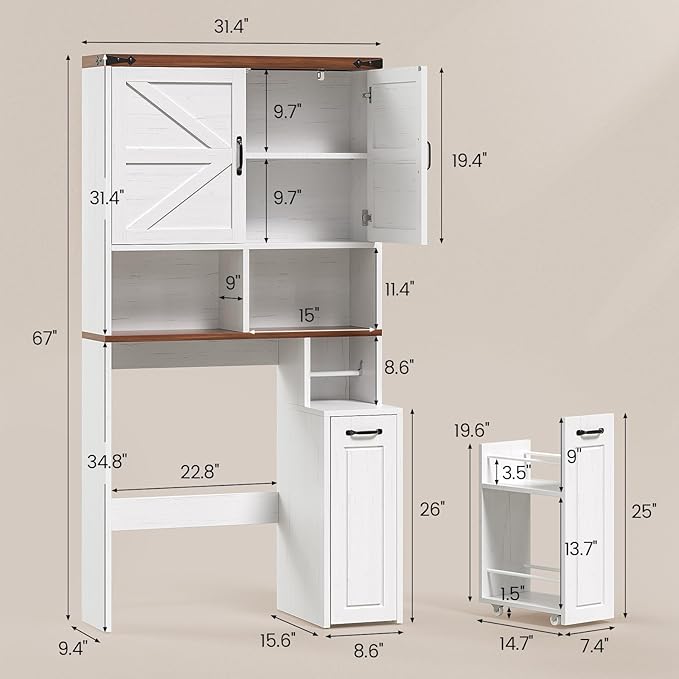 Farmhouse Over The Toilet Storage Cabinet with Pulley Small Bathroom Storage Cabinet, Space Saver W/Adjustable Shelf & Open Shelf for Bathroom, Restroom, Laundry (White Brown-Type B)