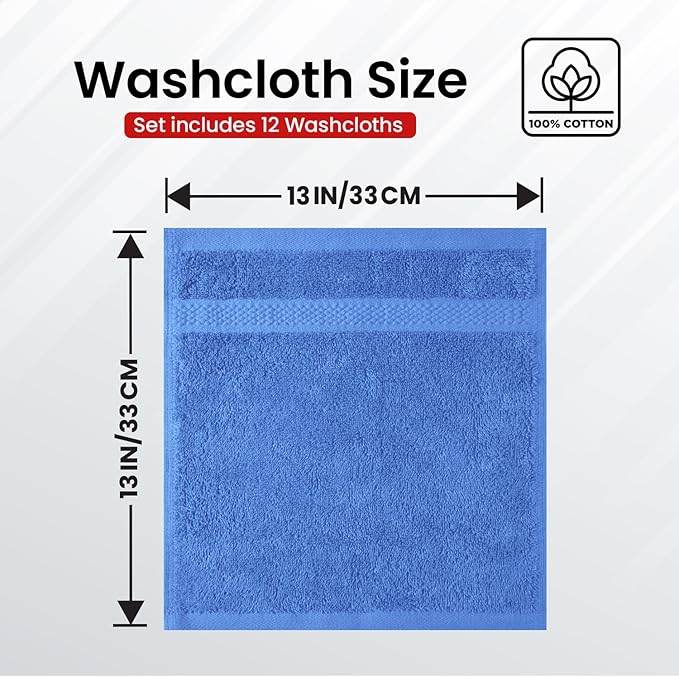Infinitee Xclusives Luxury Wash Cloths for Showering [13x13] – 100% Cotton Washcloths [Pack of 12], Soft and Absorbent Face Towels for Bathroom Wash Clothes, Gym, and Spa (Eloquent Blue)