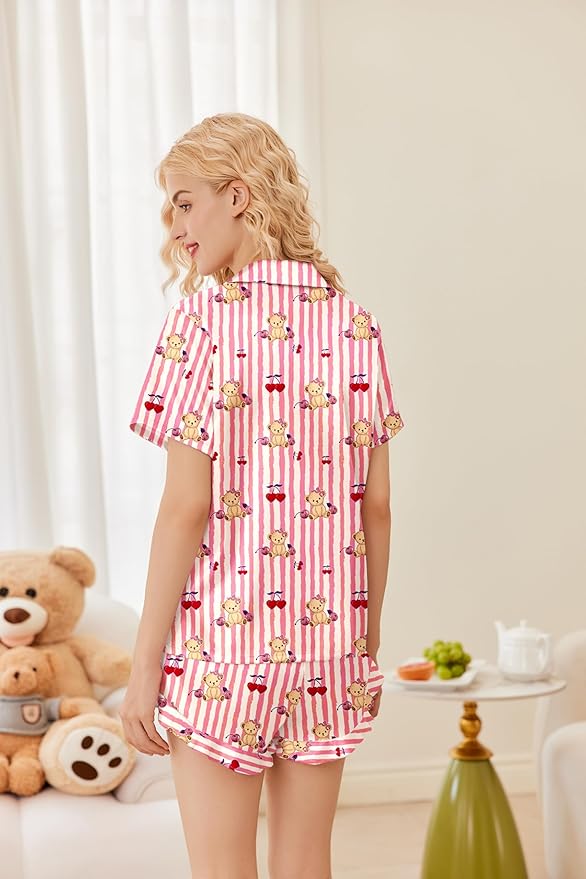 Ekouaer Womens Satin Pajamas Set Button Down 2 Piece Silk Pjs Shorts Set Ruffle Lingerie Notch Collar Sleepwear