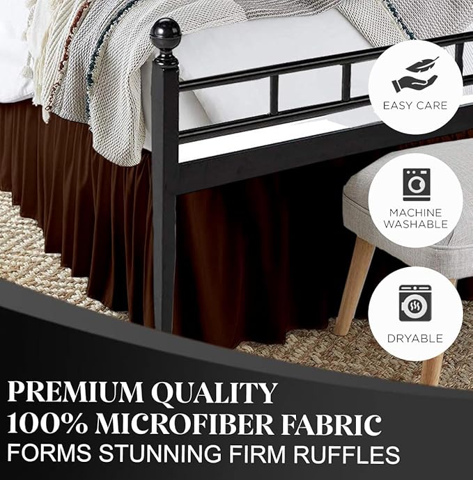 Ruffled Bed Skirt with Split Corners, Chocolate, King 18 Inch Drop Bedskirt, Hotel Quality Brushed Microfiber Wrinkle Free Dust Ruffle Bed Skirt King Size