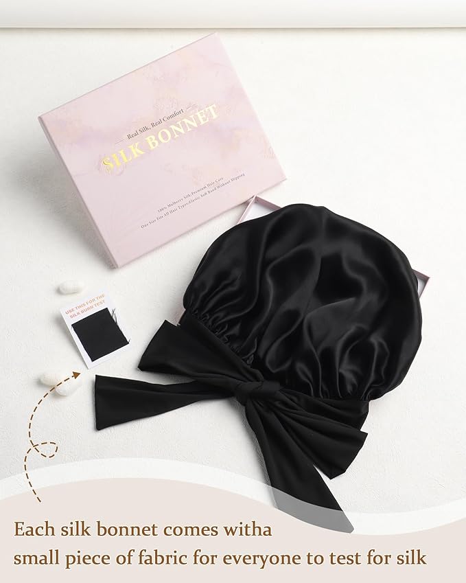 AWAYTR Mulberry Silk Bonnet for Sleeping - Silk Sleep Bonnet with Tie Band for Curly Hair Men and Women (Black)