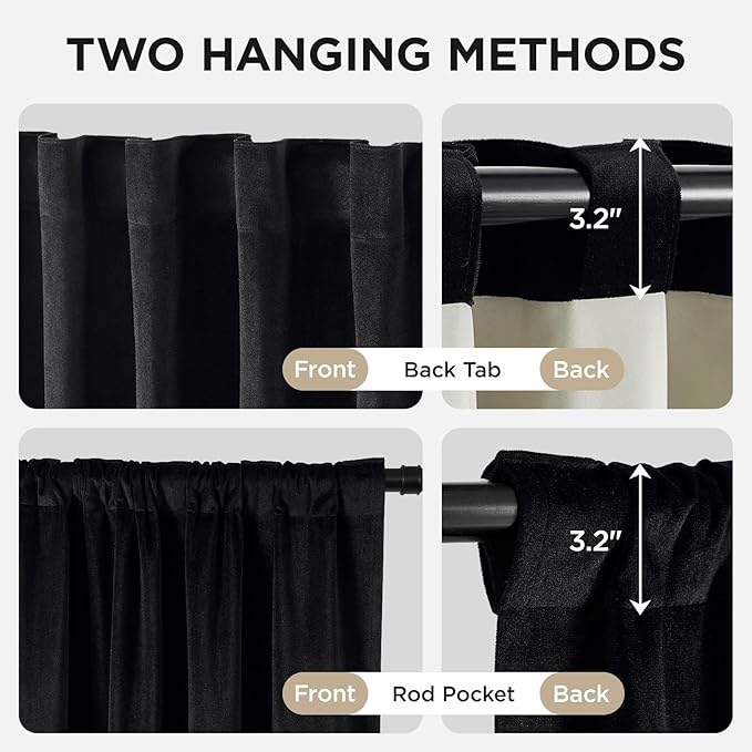 Joydeco Black 100% Blackout Curtains 72 Inch 2 Panels, Luxury Thermal Insulated Black Velvet Curtains for Bedroom Living Room, Soundproof Blackout Window Drapes, Rod Pocket & Back Tab (52W x 72L)