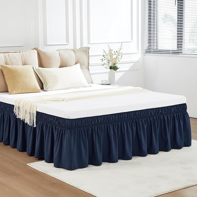 RIMELA Navy Blue Bed Skirt King Size 18 Inch Drop, Elastic Bed Skirting for Bed Base and Frame, Bedding Dust Ruffle Easy to Install, Lightweight Wrap Around Adjustable Bedskirt