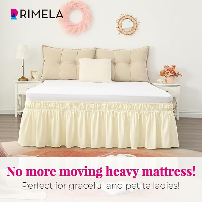 RIMELA Cream Yellow Bed Skirt Queen Size 15 Inch Drop, Elastic Bed Skirting for Bed Base and Frame, Bedding Dust Ruffle Easy to Install, Lightweight Comforter Set with Wrap Around Adjustable Bedskirt