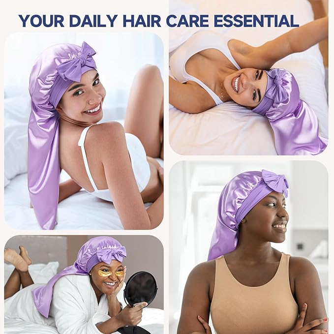 Umisleep 22 Momme Mulberry Silk Bonnet for Sleeping Women, Untangled Hair Care Bonnet, Extra Long for Curls & Braids - Lays Flat for Styling, Double Layer Hair Wrap with Soft Adjustable Tie, Lavender